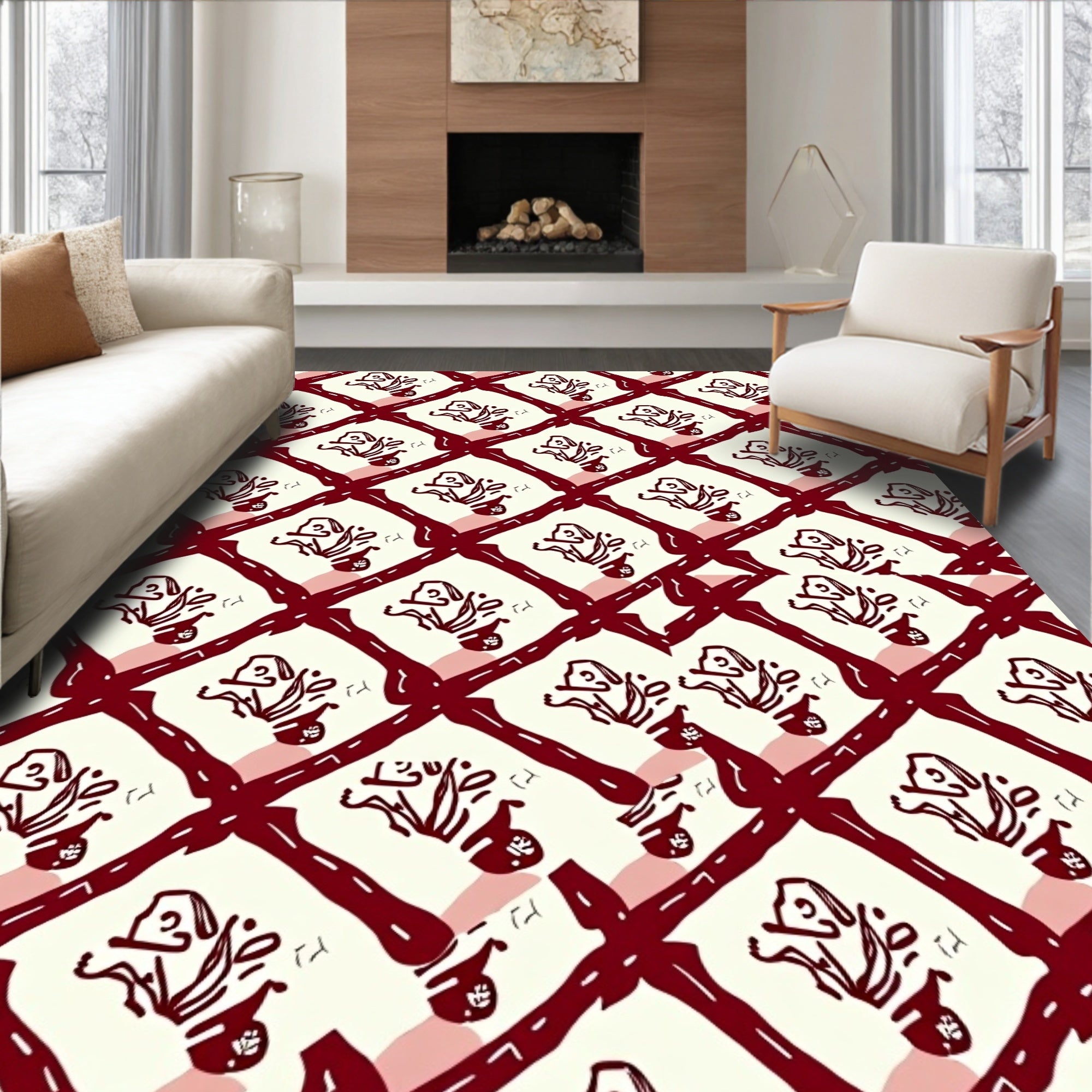 Crimson Lattice Folk Art Rug