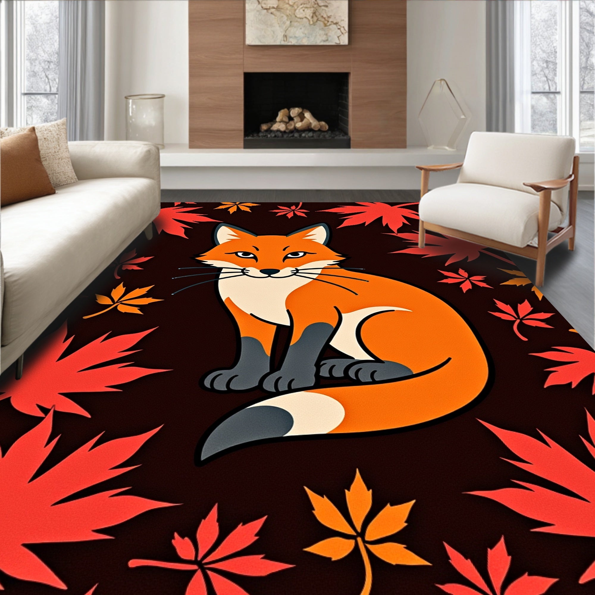 Autumn Fox Red Maple Leaf Rug