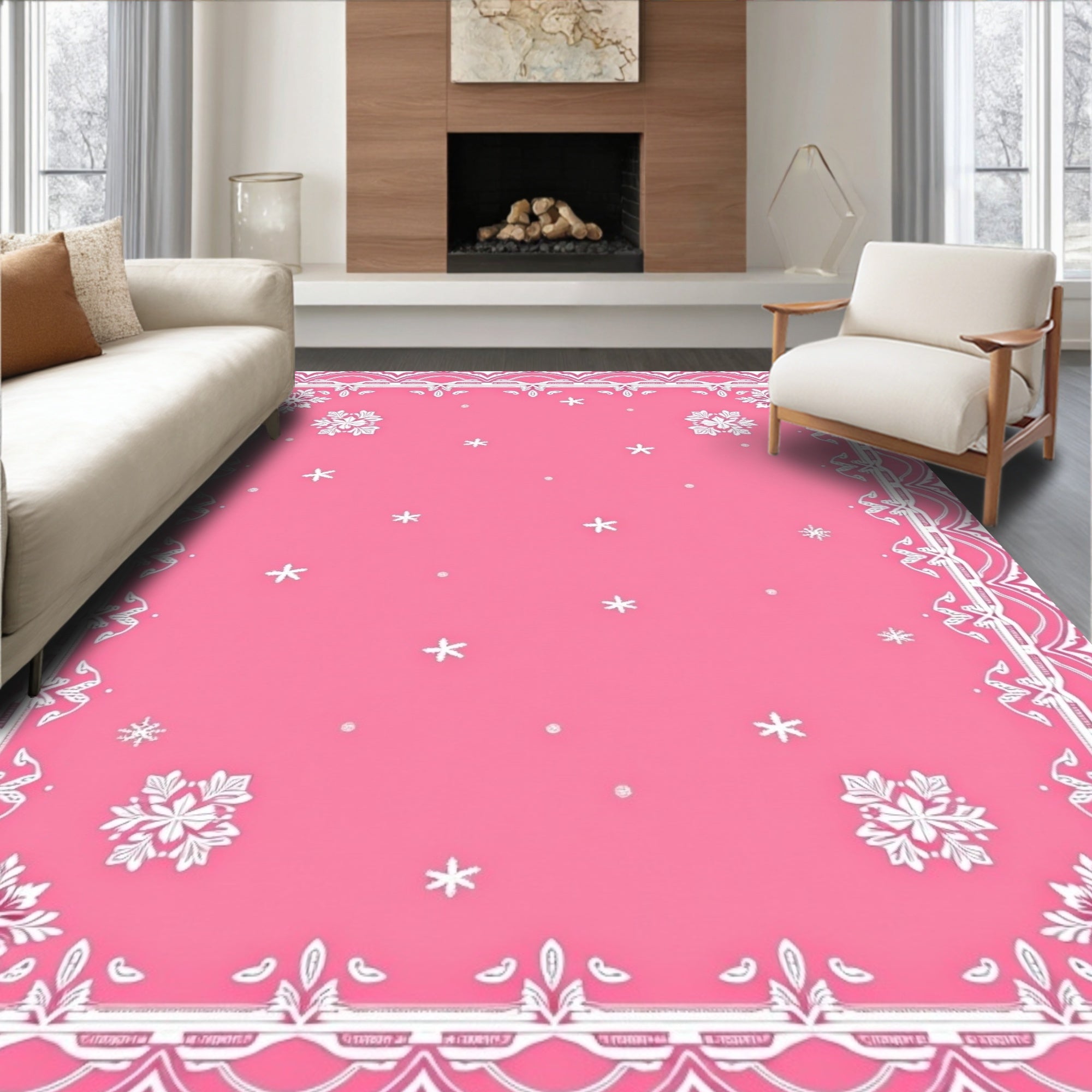 Pink Snowscape Floral Border Rug