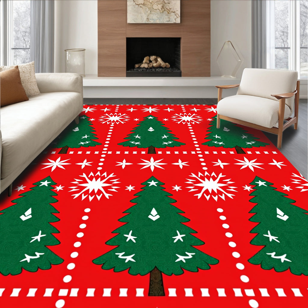 Christmas Trees Snowflakes Red White Rug