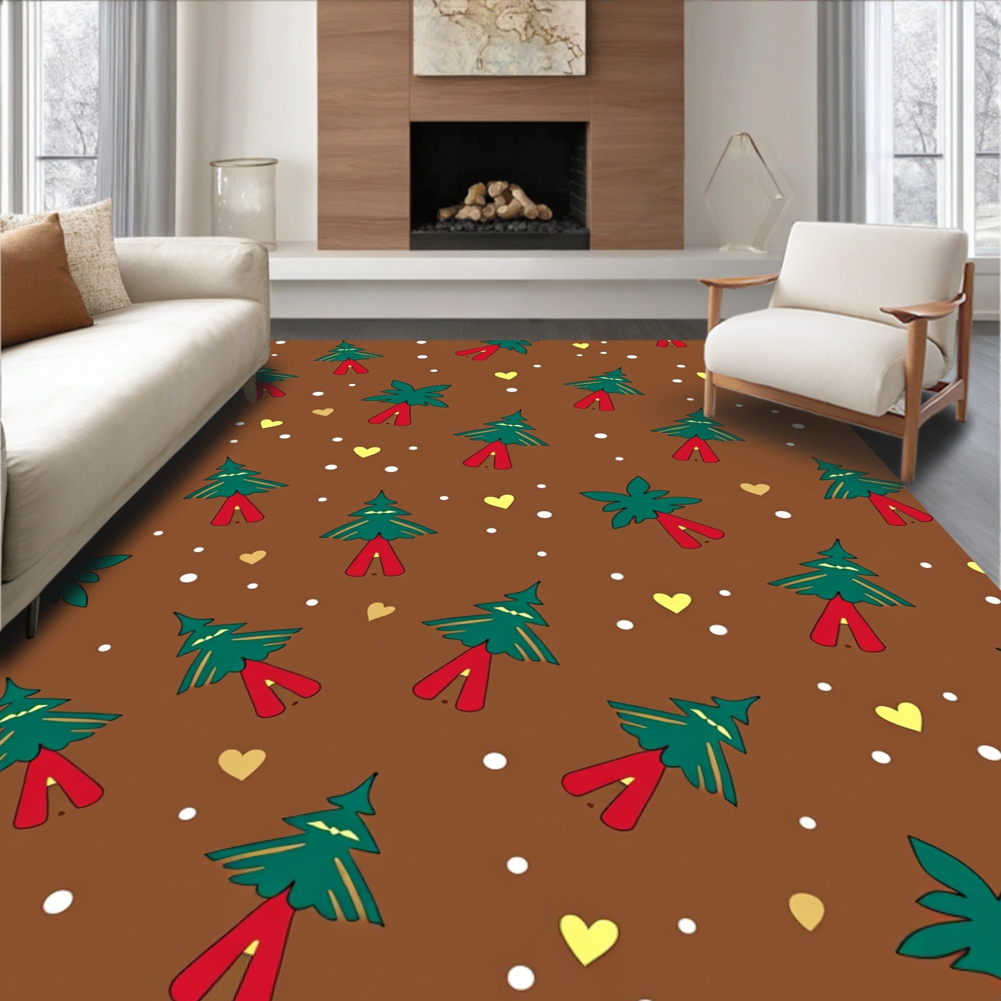 Brown Festive Tree Heart Snow Rug