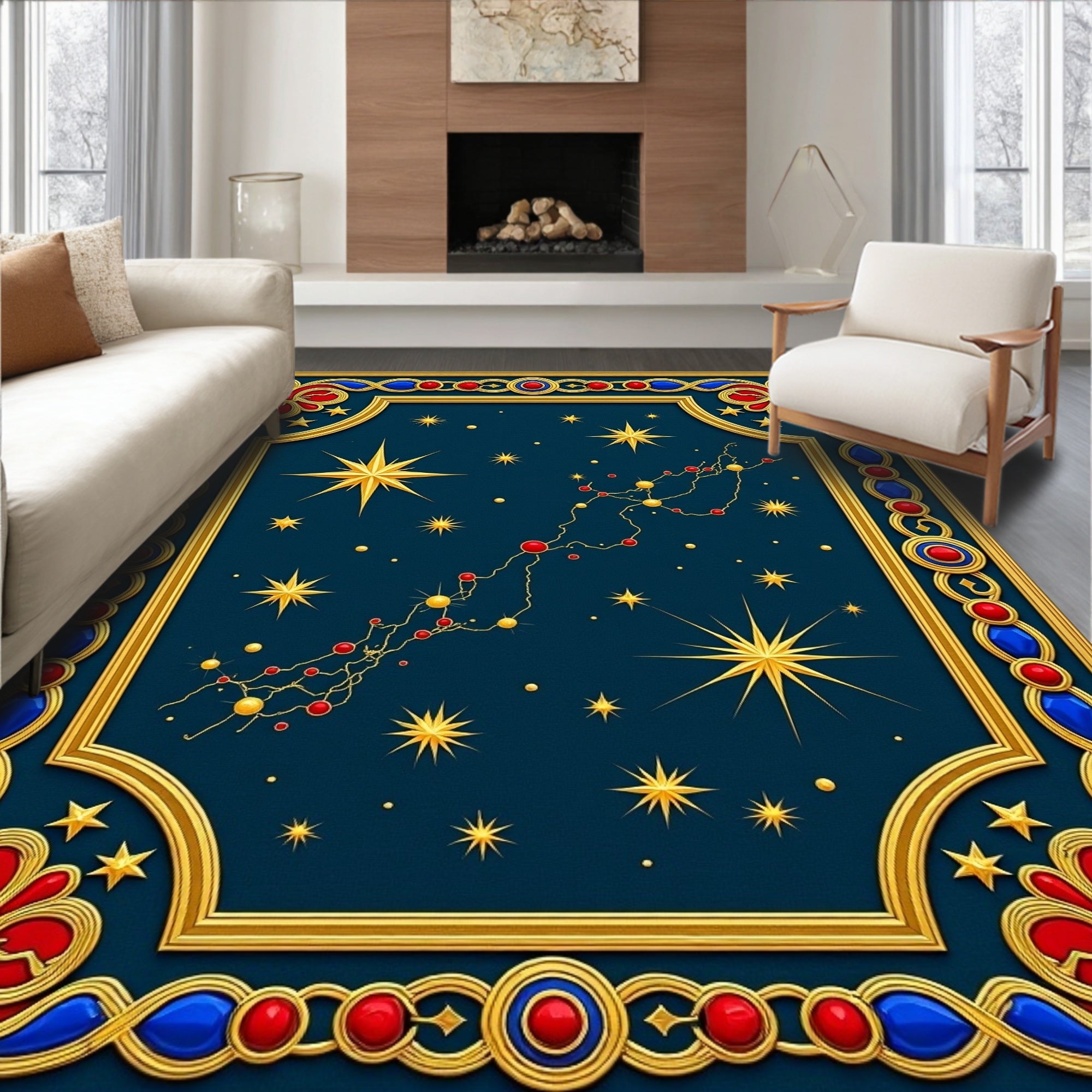 Golden Starry Constellation Border Rug
