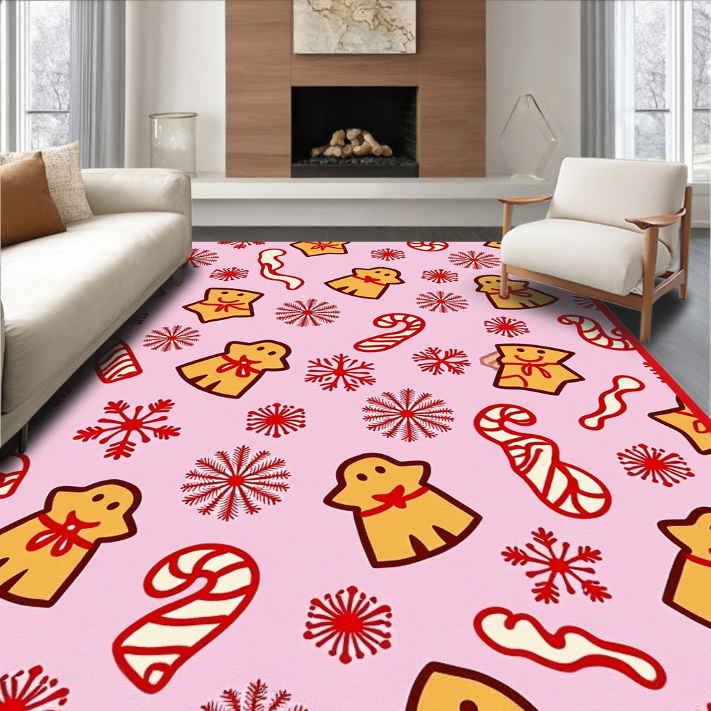 Pink Gingerbread Snowflakes And Candy Canes Rug