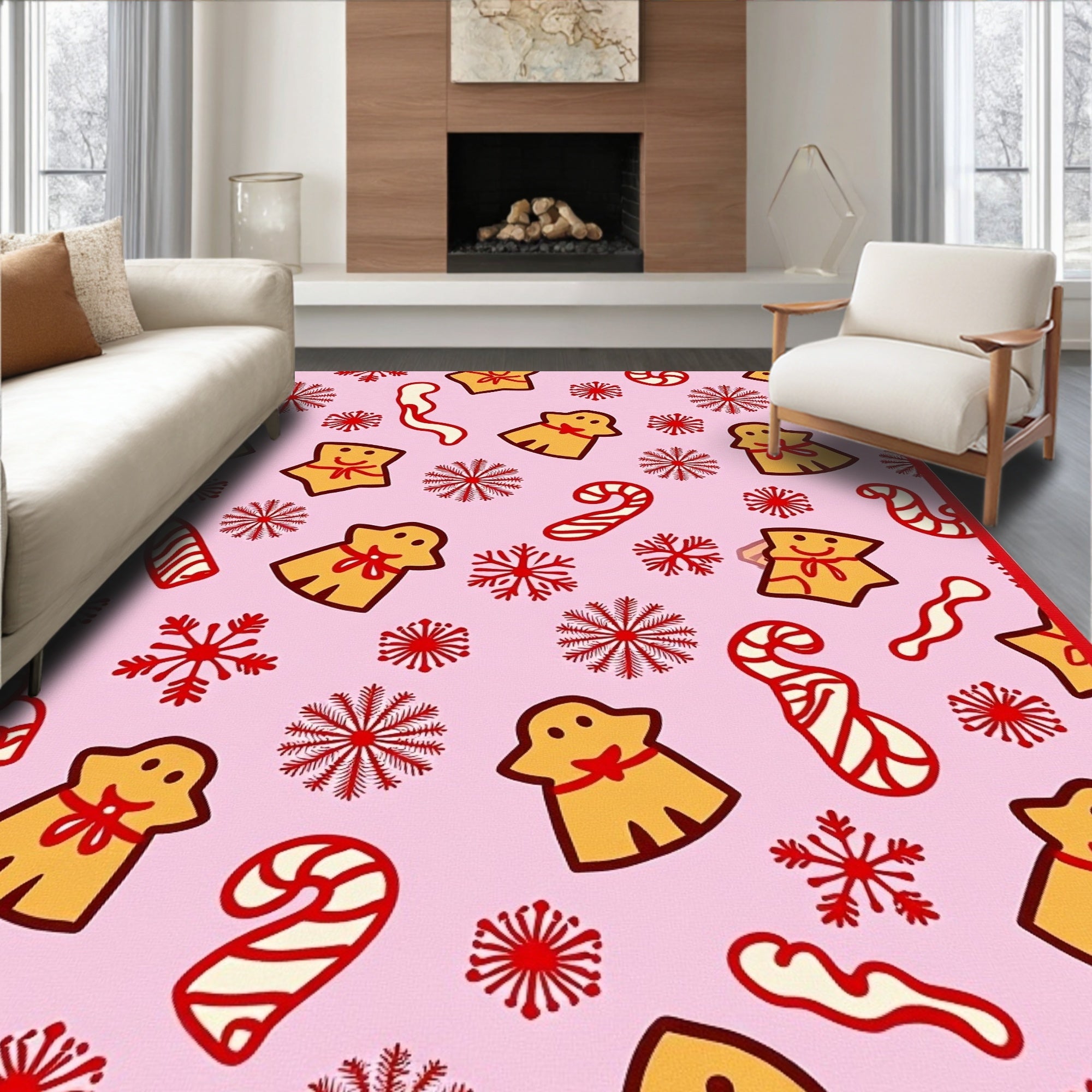 Pink Gingerbread Snowflakes And Candy Canes Rug