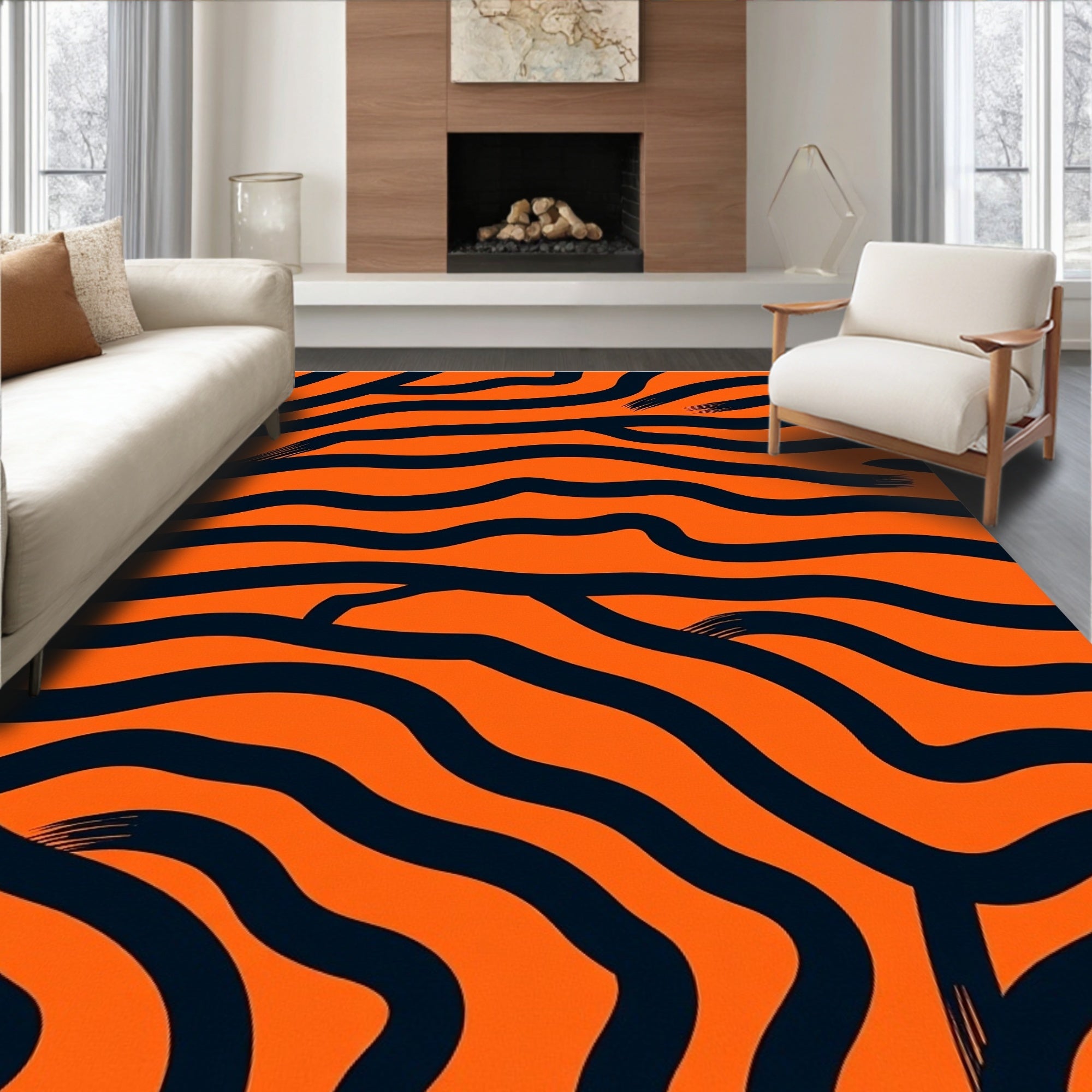 Bold Orange Black Stripe Abstract Rug