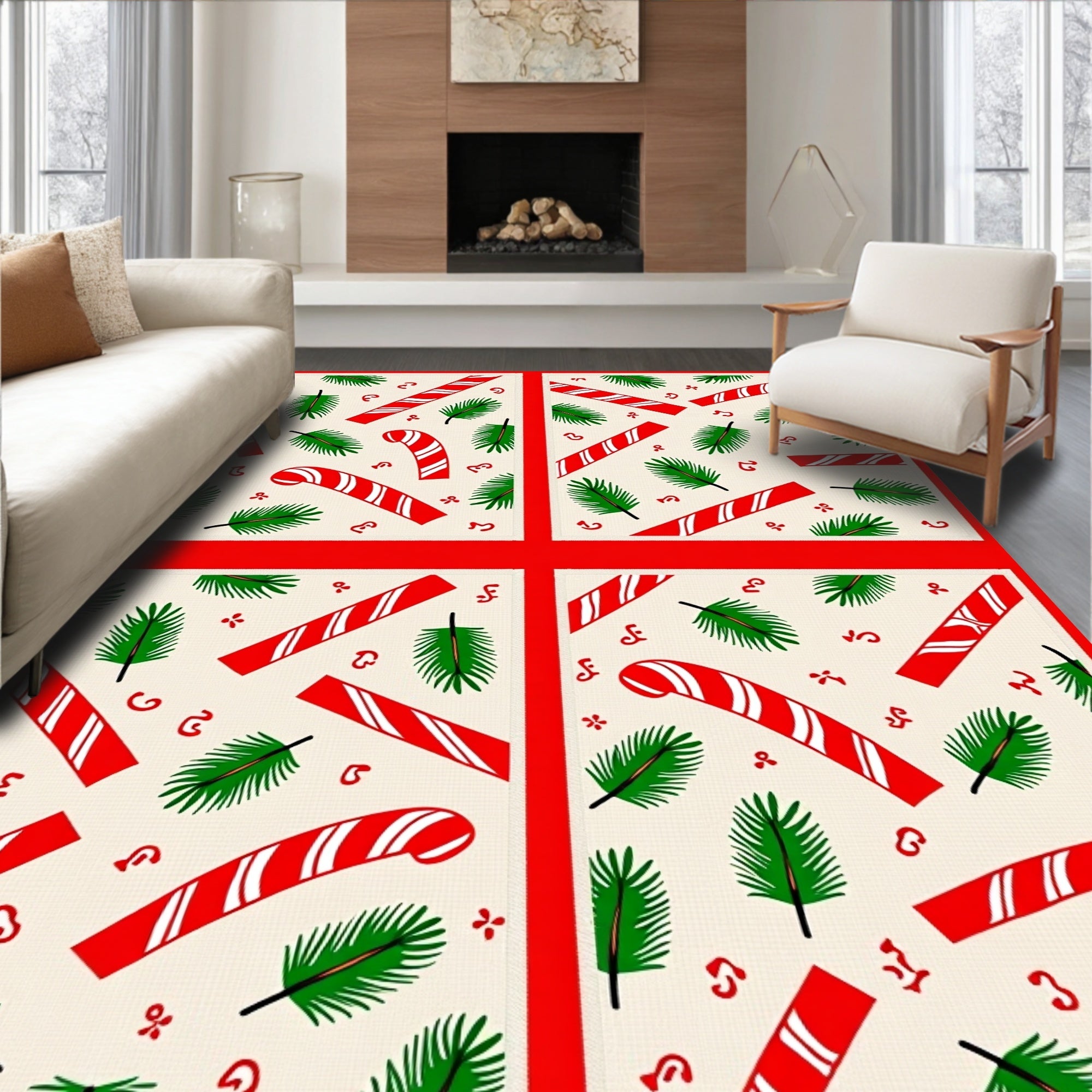 Festive Red White Candy Cane Pine Sprigs Rug