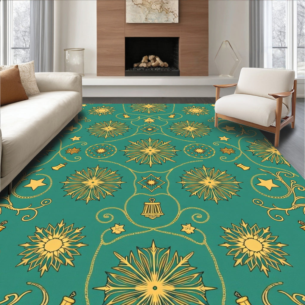 Golden Starburst Bells Teal Folk Rug