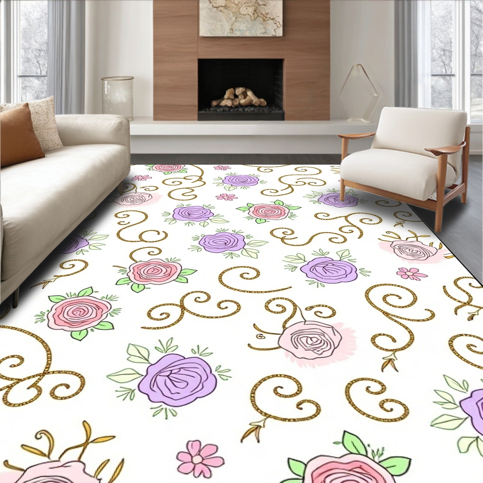 Pastel Roses Swirls Garden Rug