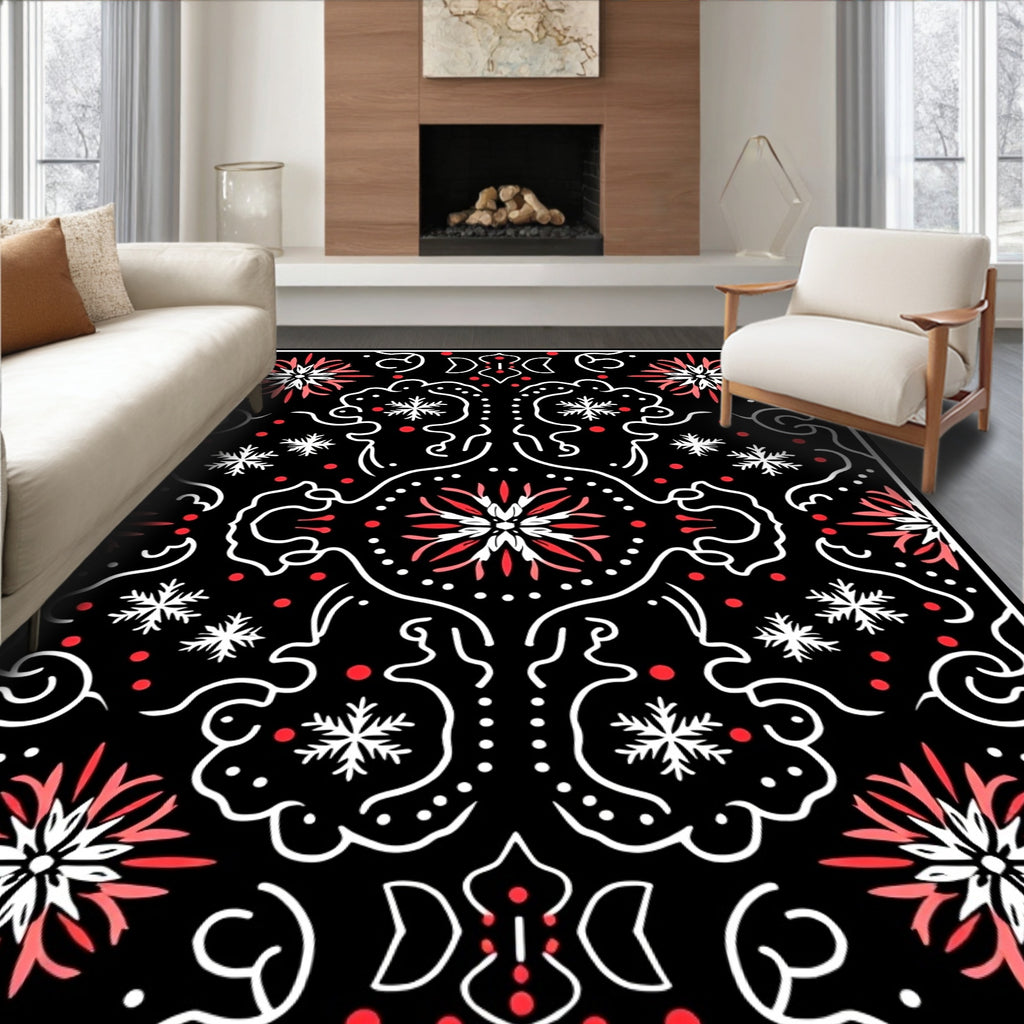 Crimson Snowflake Floral Symmetry Rug