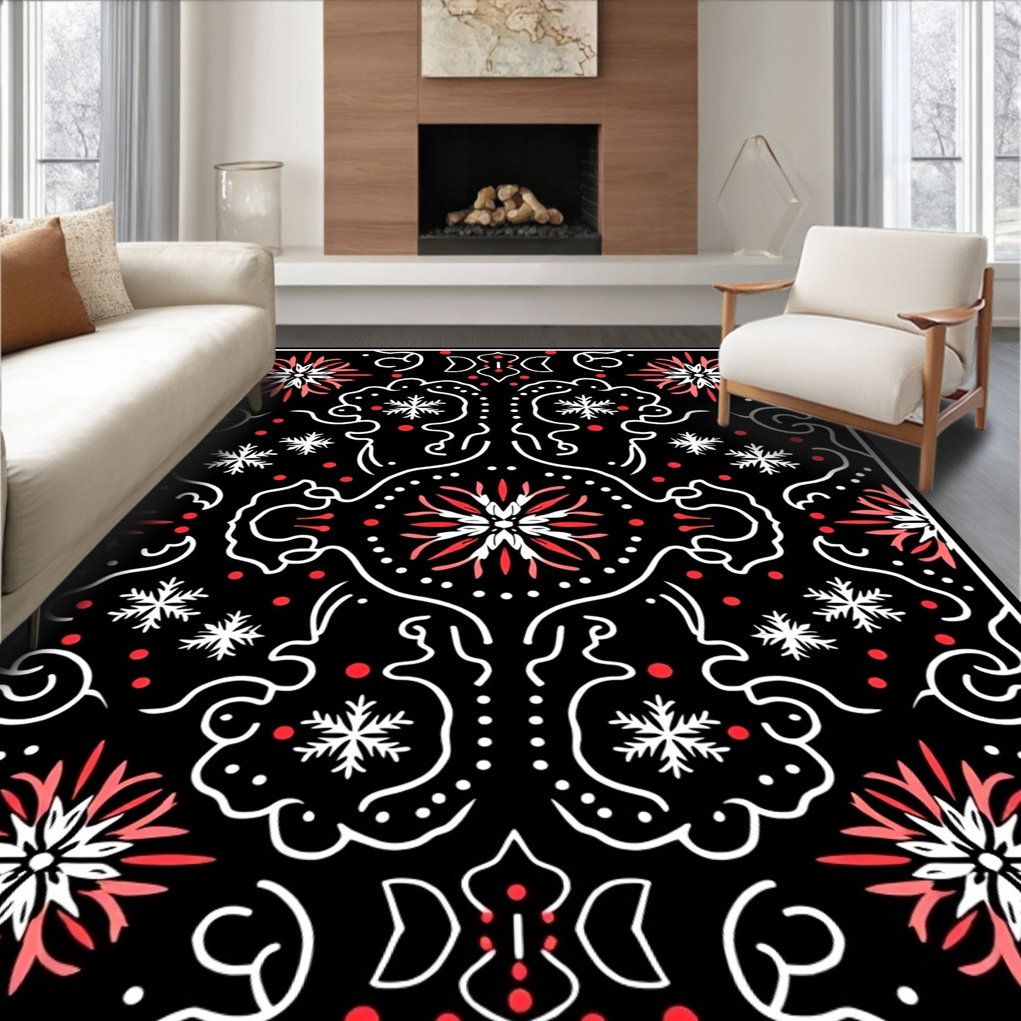 Crimson Snowflake Floral Symmetry Rug