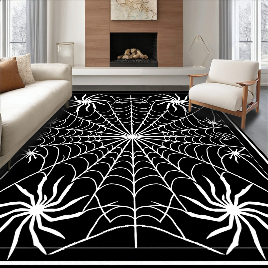 Spooky Black White Spiderweb Art Rug