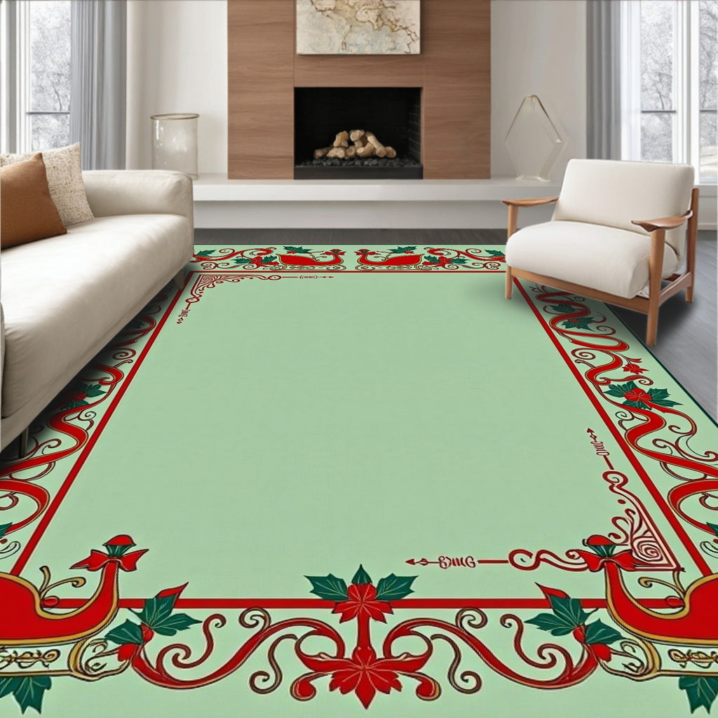 Festive Red Sleigh Holly Border Rug