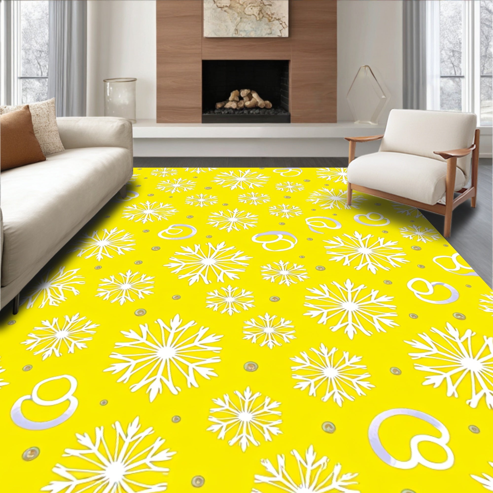 Bright Yellow Snowflakes Swirls Rug