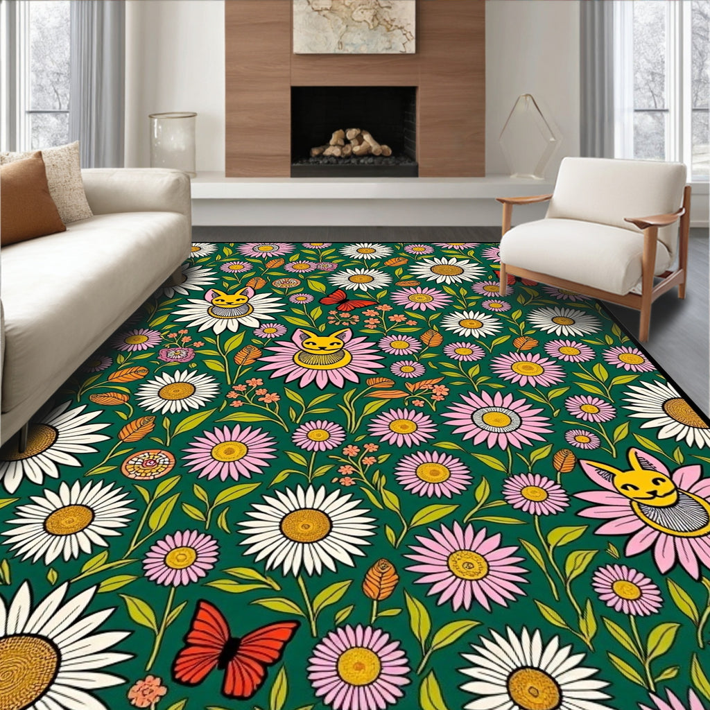Whimsical Floral Cat Butterfly Meadow Rug