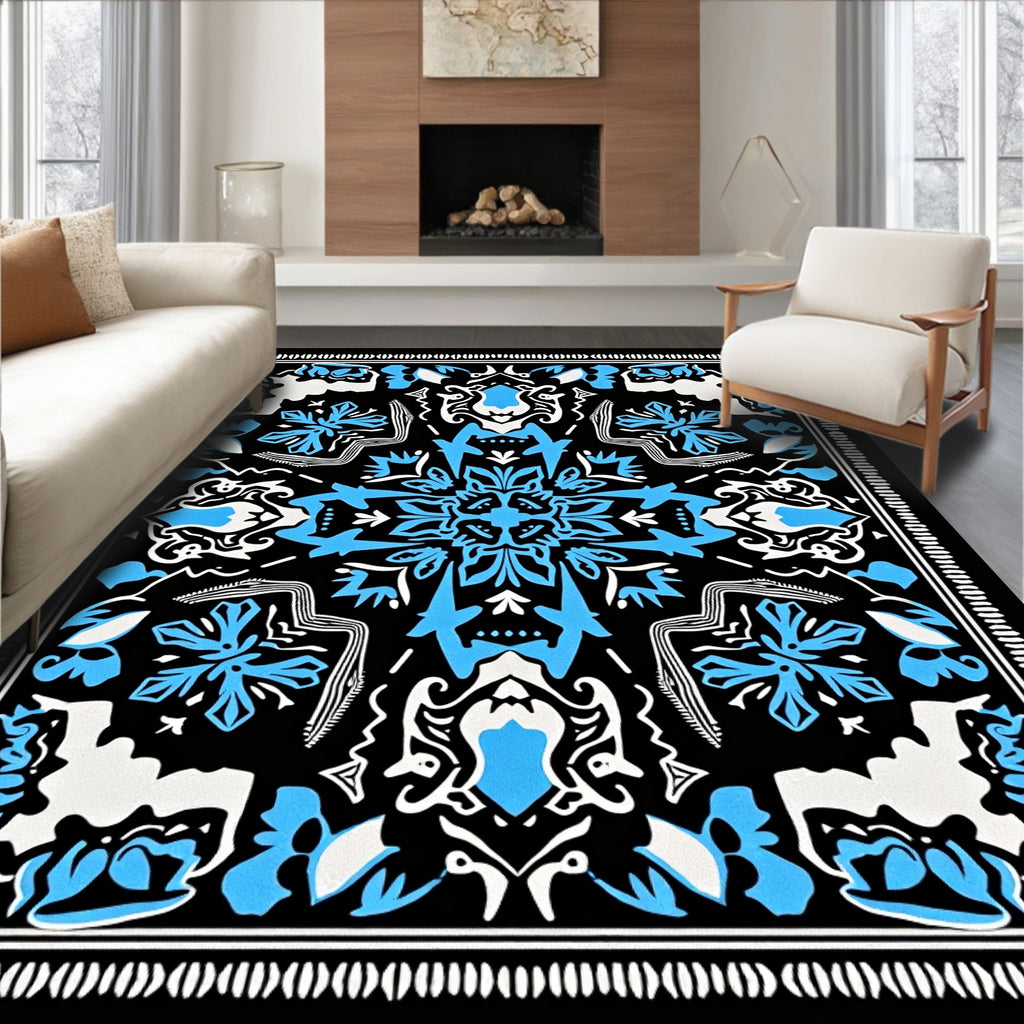 Bold Blue Floral Mandala Black Rug