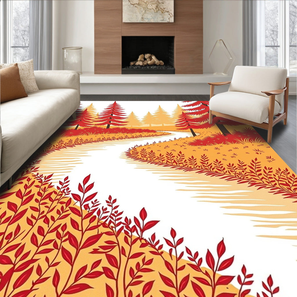 Crimson Autumn Forest River Scene Rug