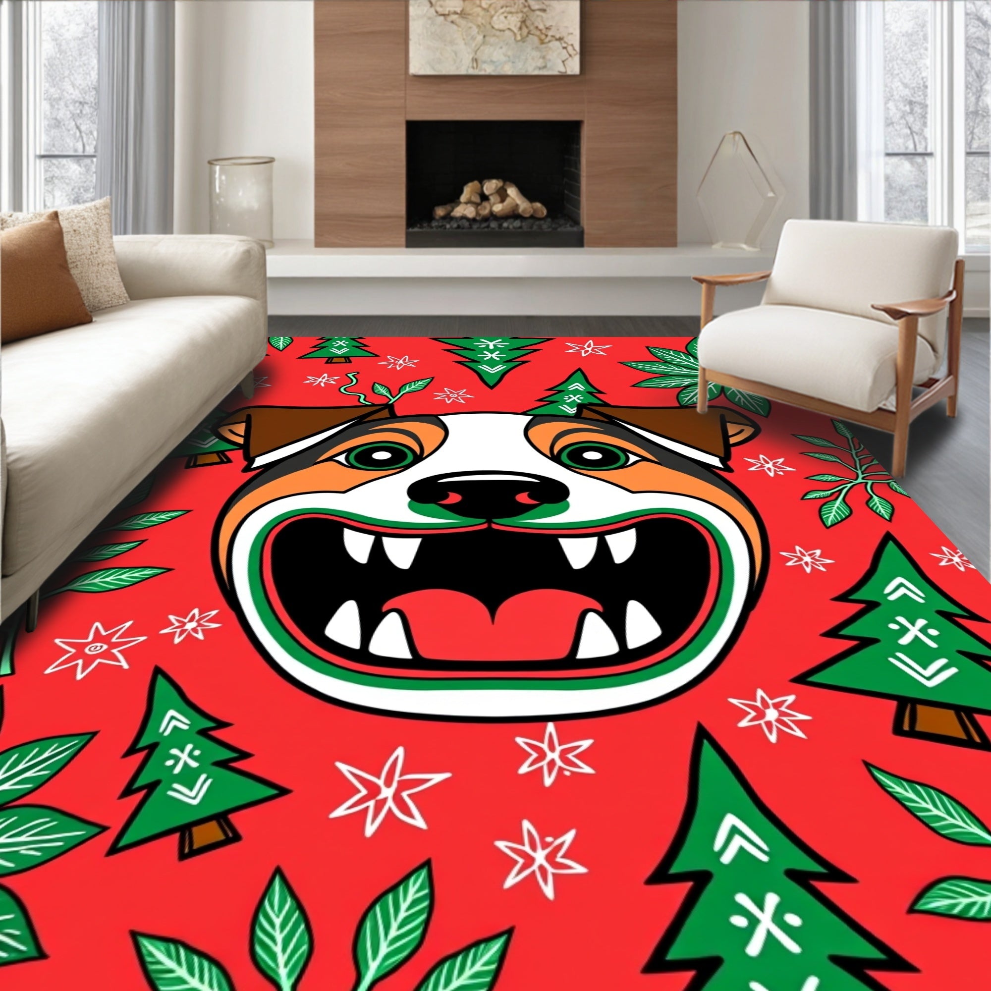 Festive Red Dog Christmas Trees Rug
