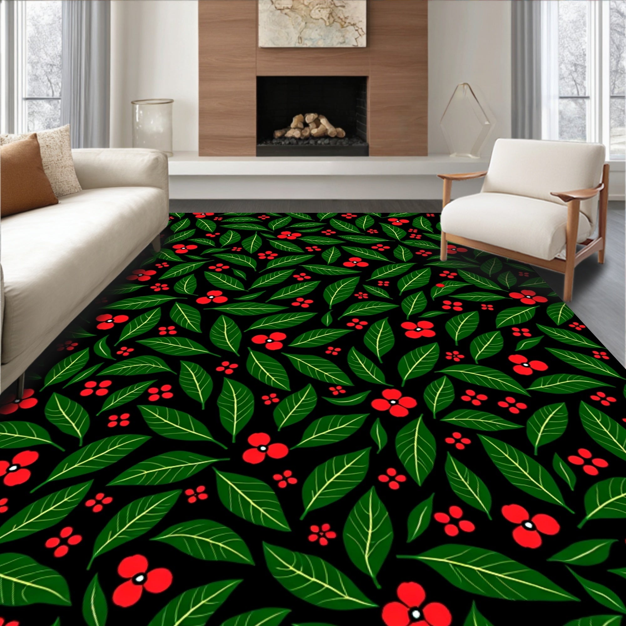 Emerald Green Leaf Red Berry Floral Rug