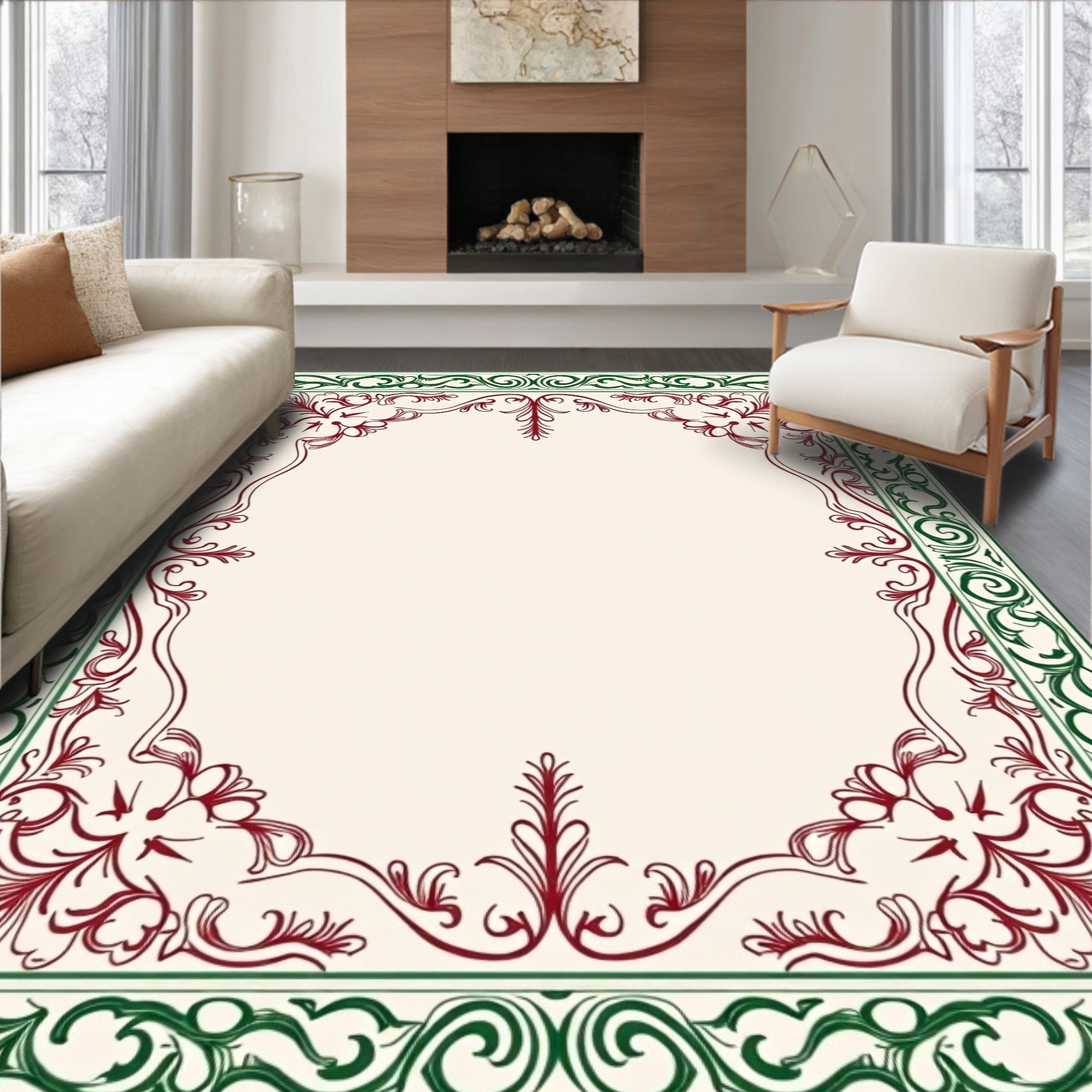 Crimson Green Classic Floral Border Rug