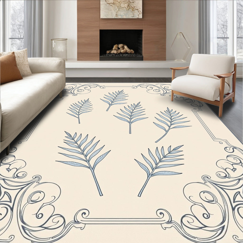 Light Blue Fern Fronds Classic Frame Rug