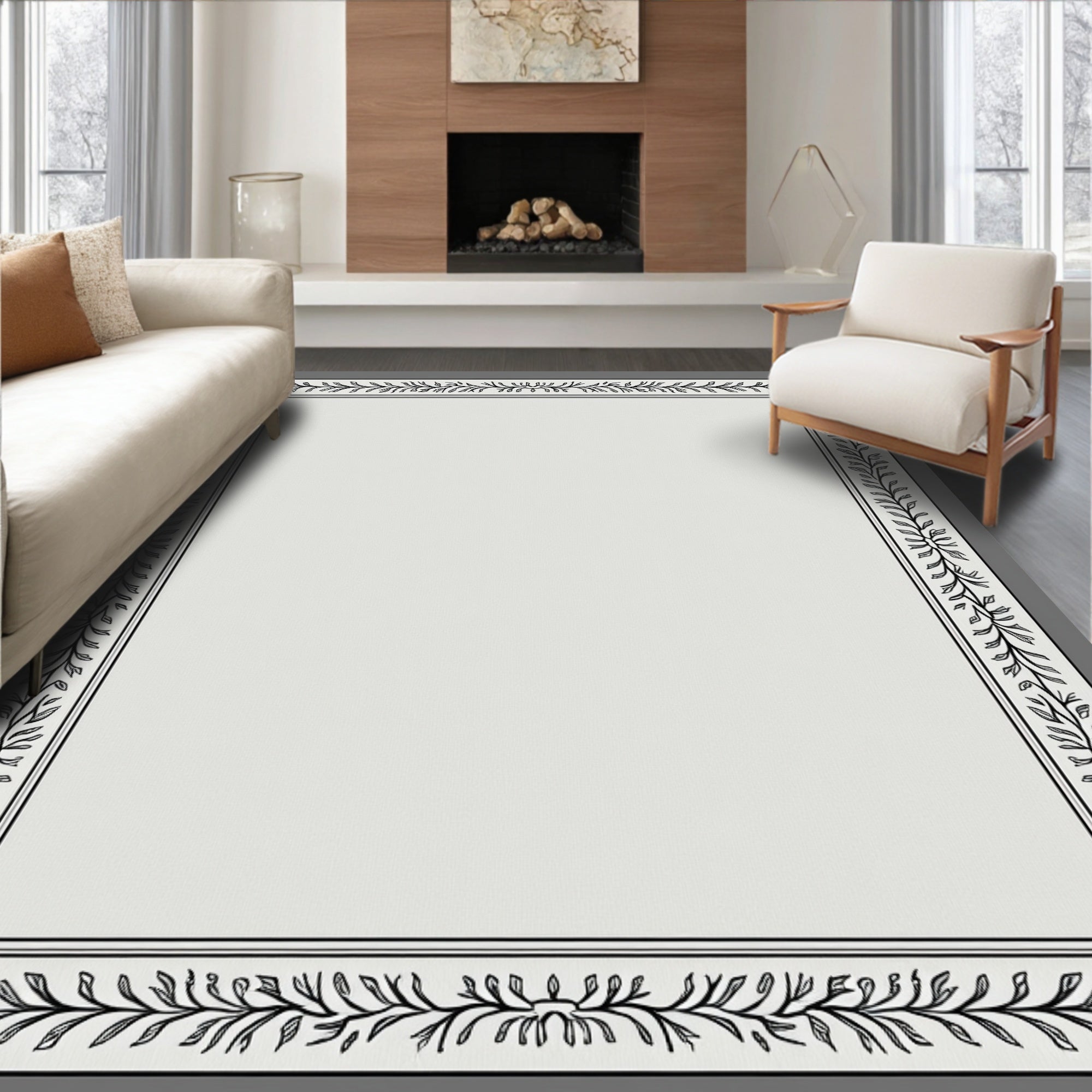 Elegant Black Leaf Border Soft Gray Rug
