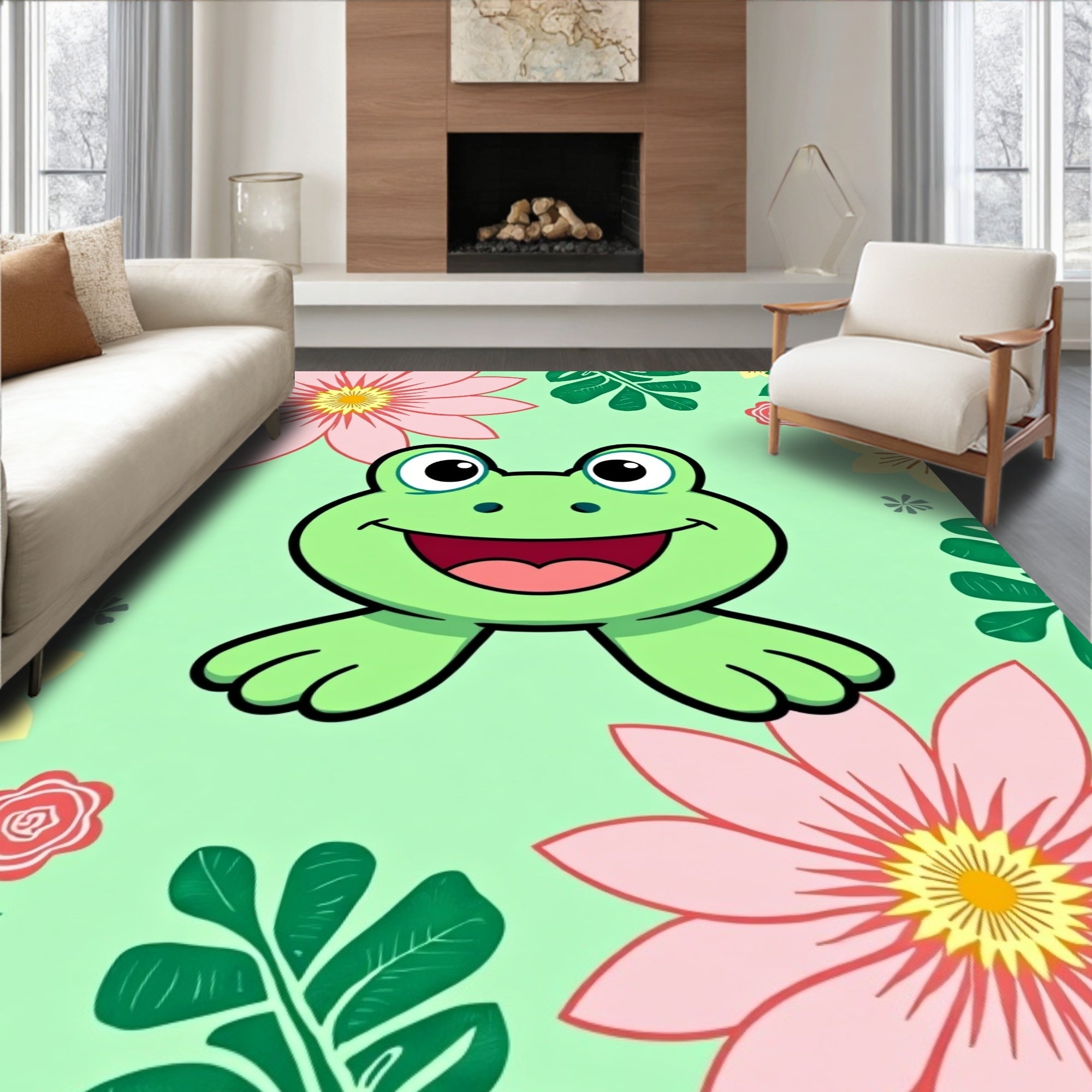 Whimsical Green Frog Floral Garden Rug