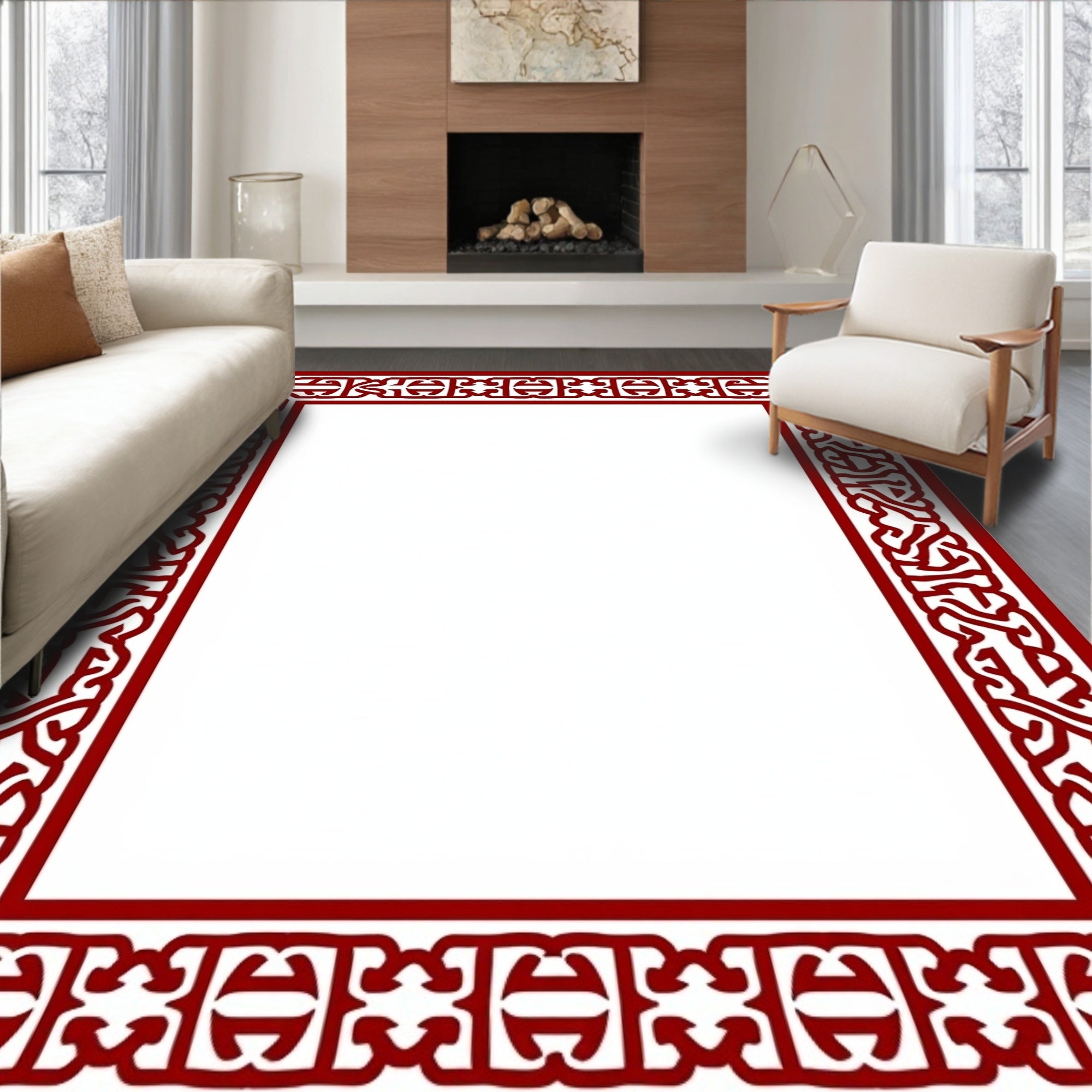 Crimson Interlocking Geometric Border Rug