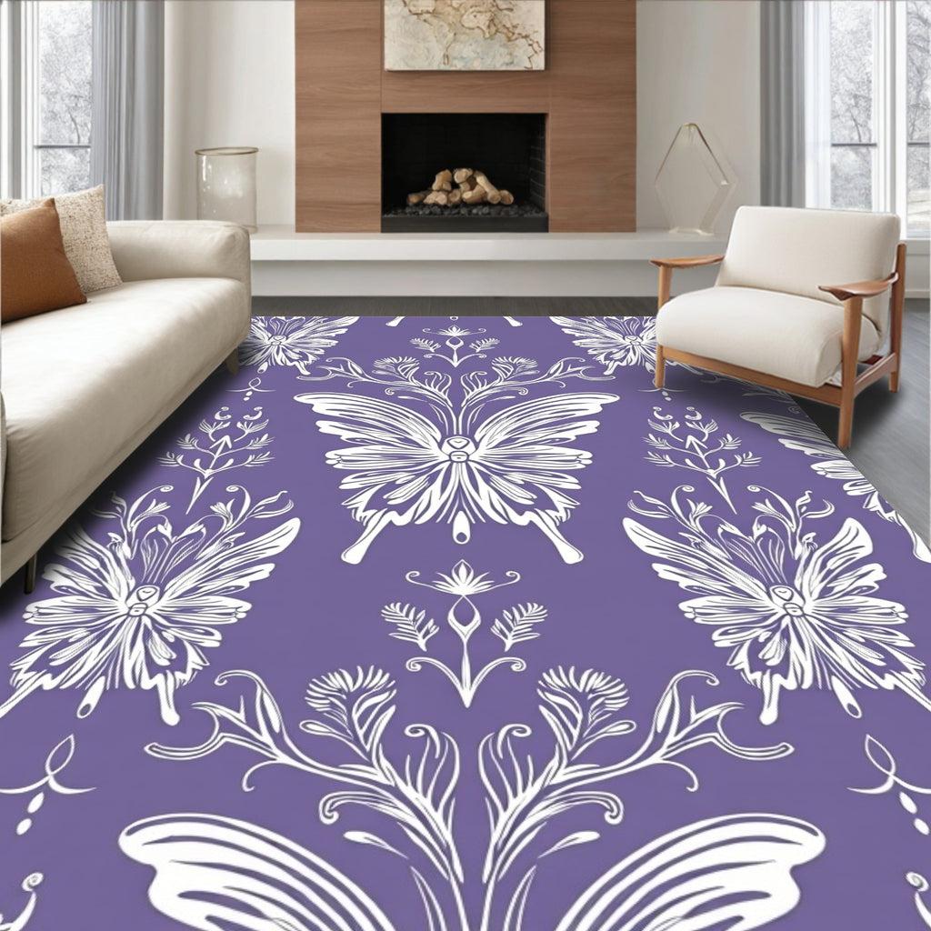 Lavender White Butterfly Floral Scroll Rug