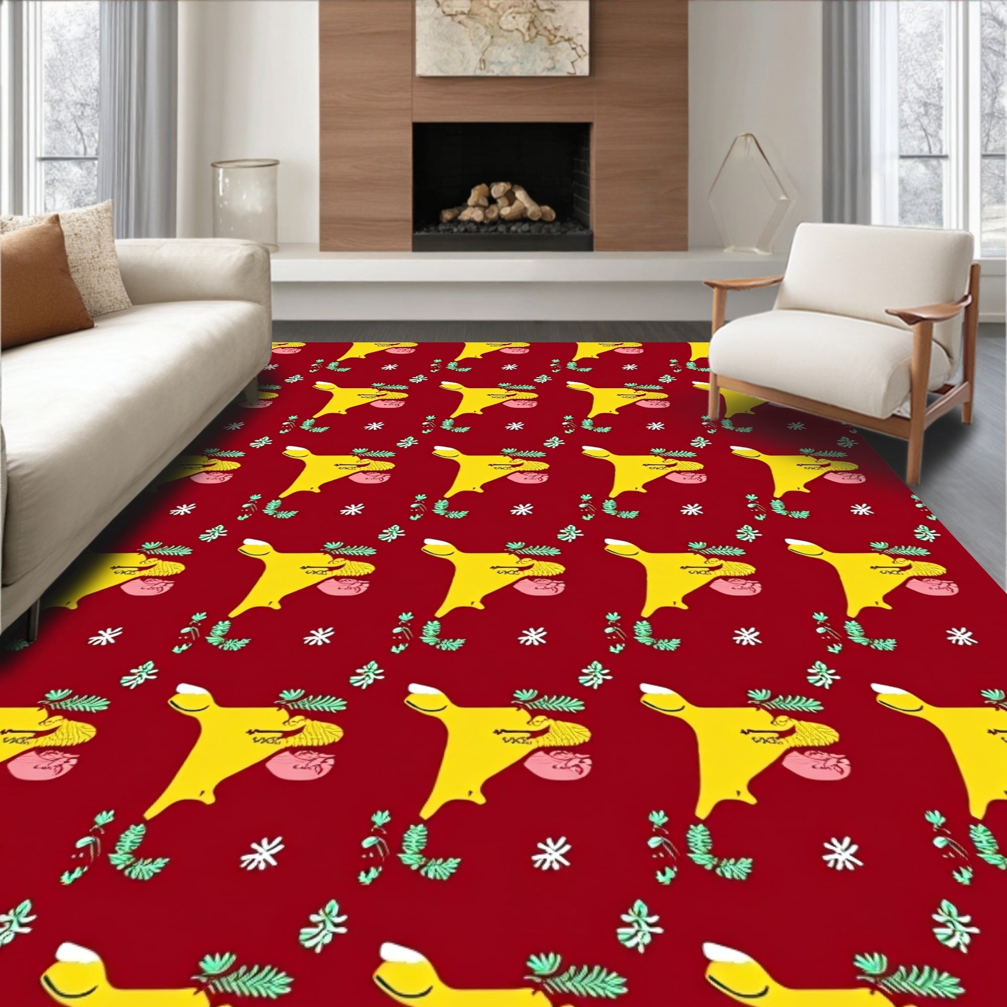 Yellow Cartoon Dog Floral Harmony Rug