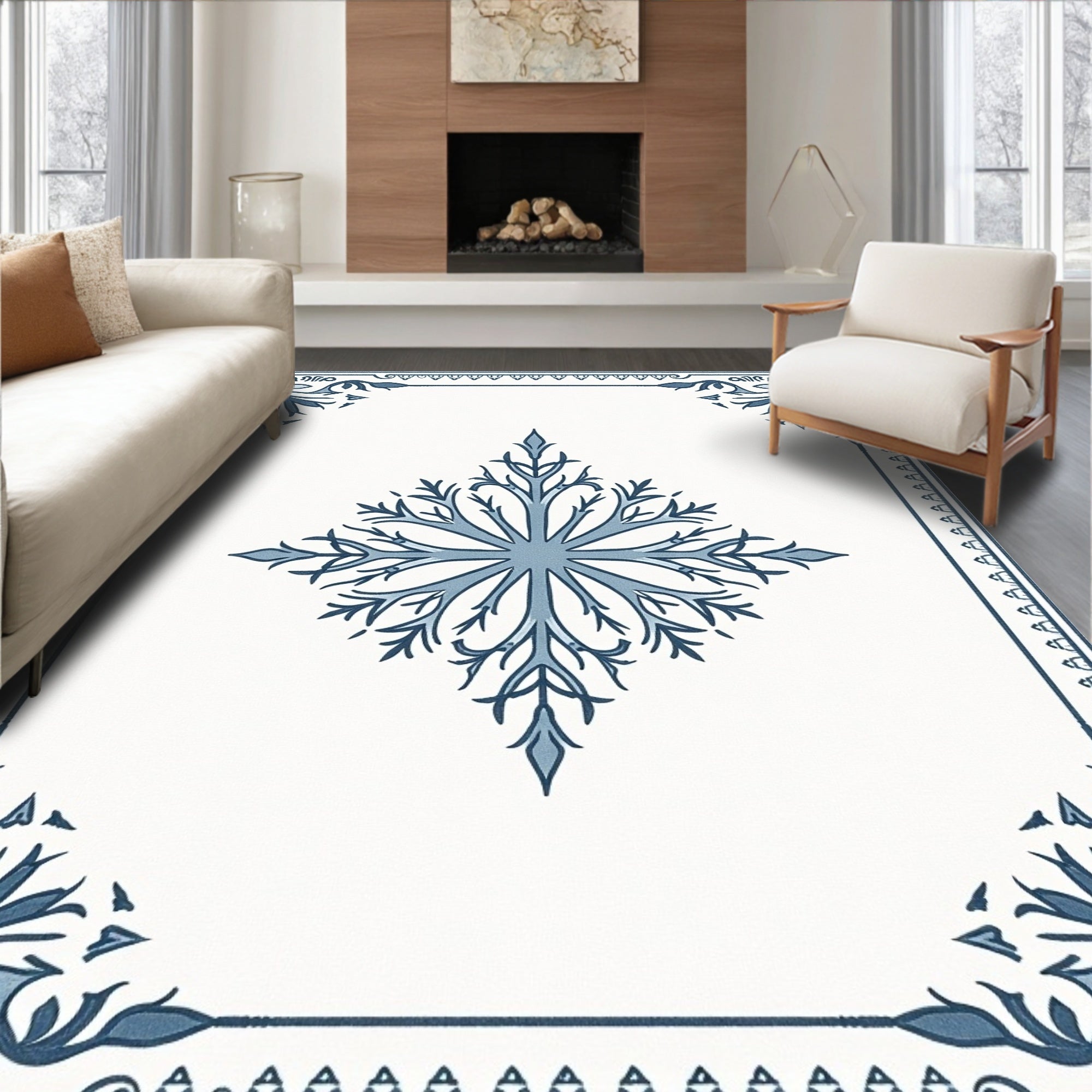 Blue Snowflake Medallion Border Rug