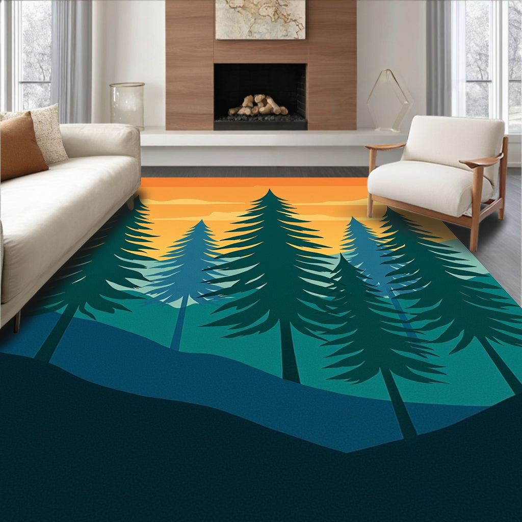 Forest Sunset Deep Blue Green Pines Rug