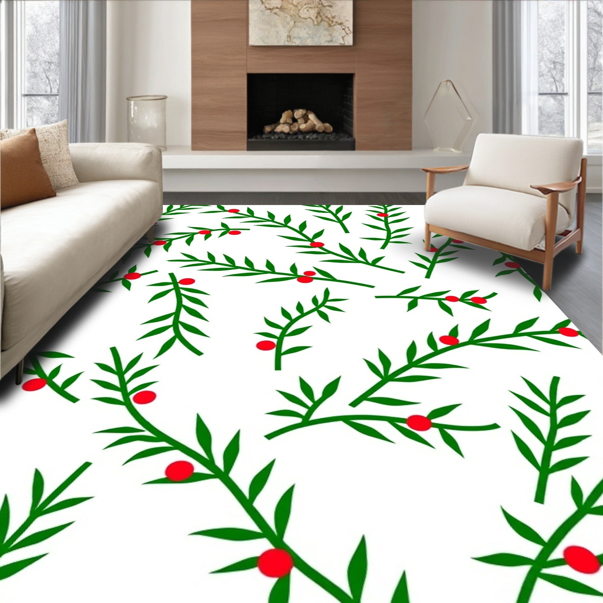 Green Twig Red Berry Scattered Rug