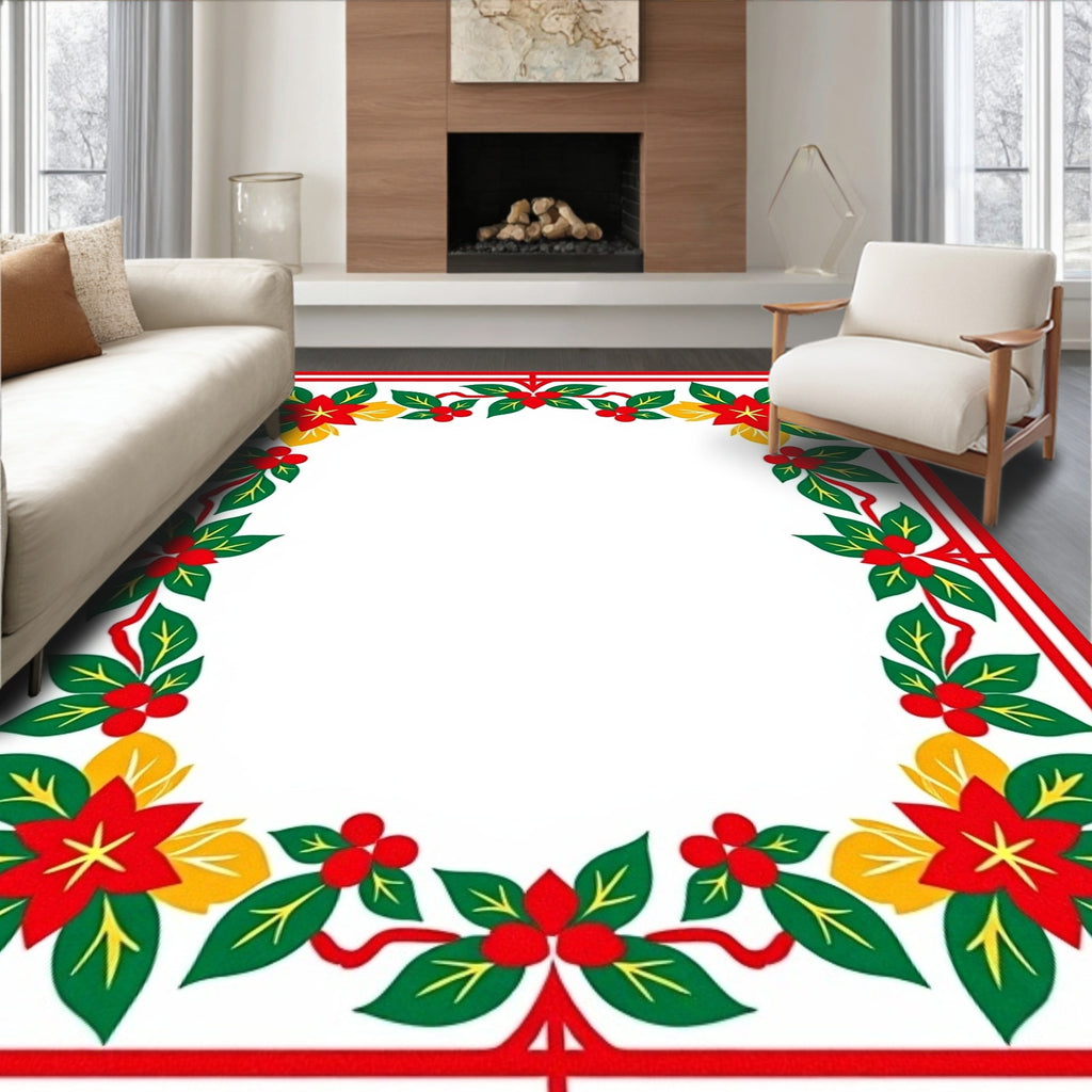 Crimson Poinsettia Holly Garland Border Rug