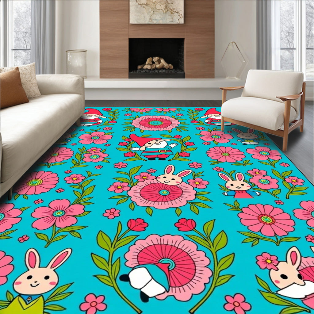 Cute Gnomes And Pink Flowers Rug