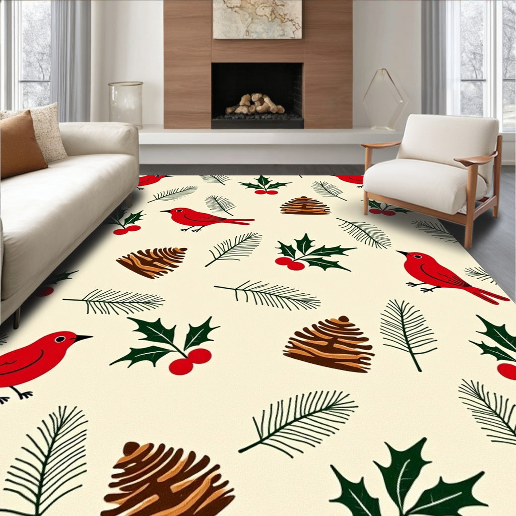 Crimson Cardinal Holly Pinecone Scene Rug