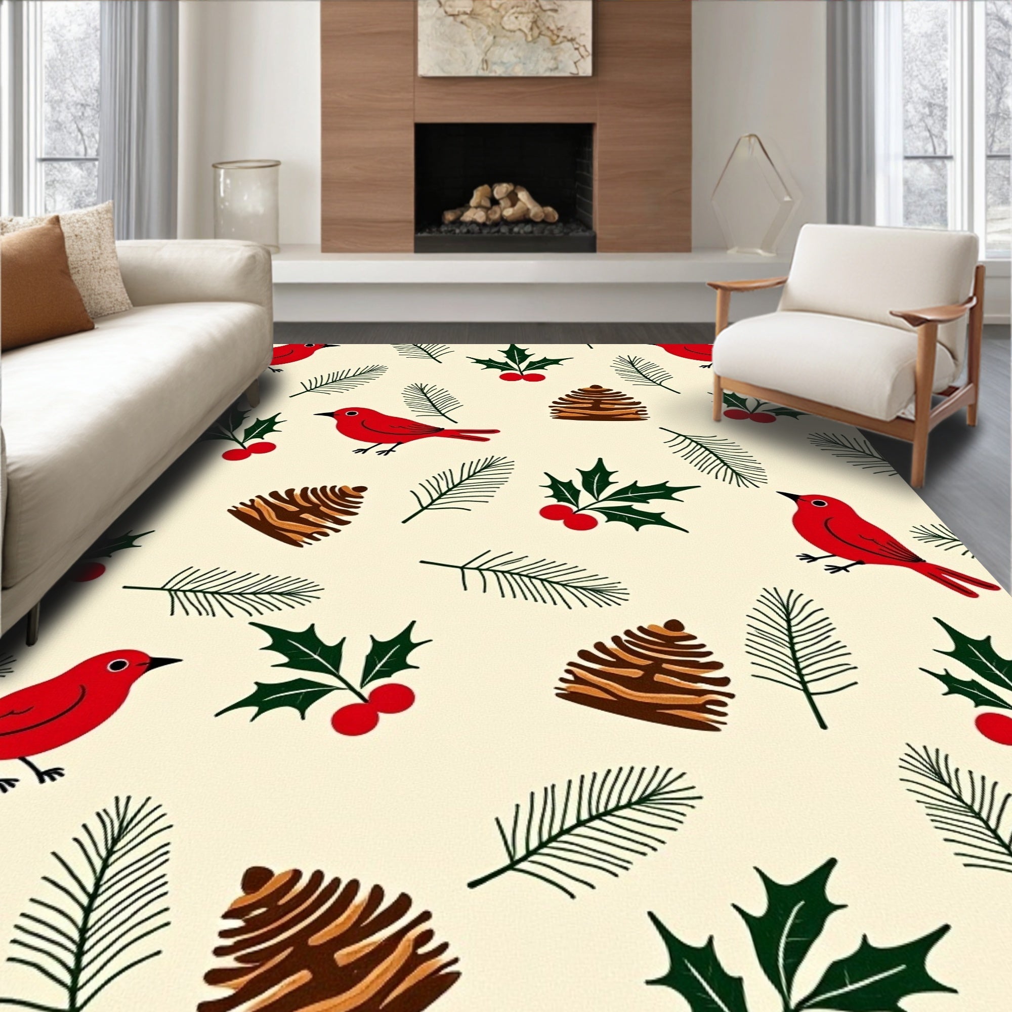 Crimson Cardinal Holly Pinecone Scene Rug