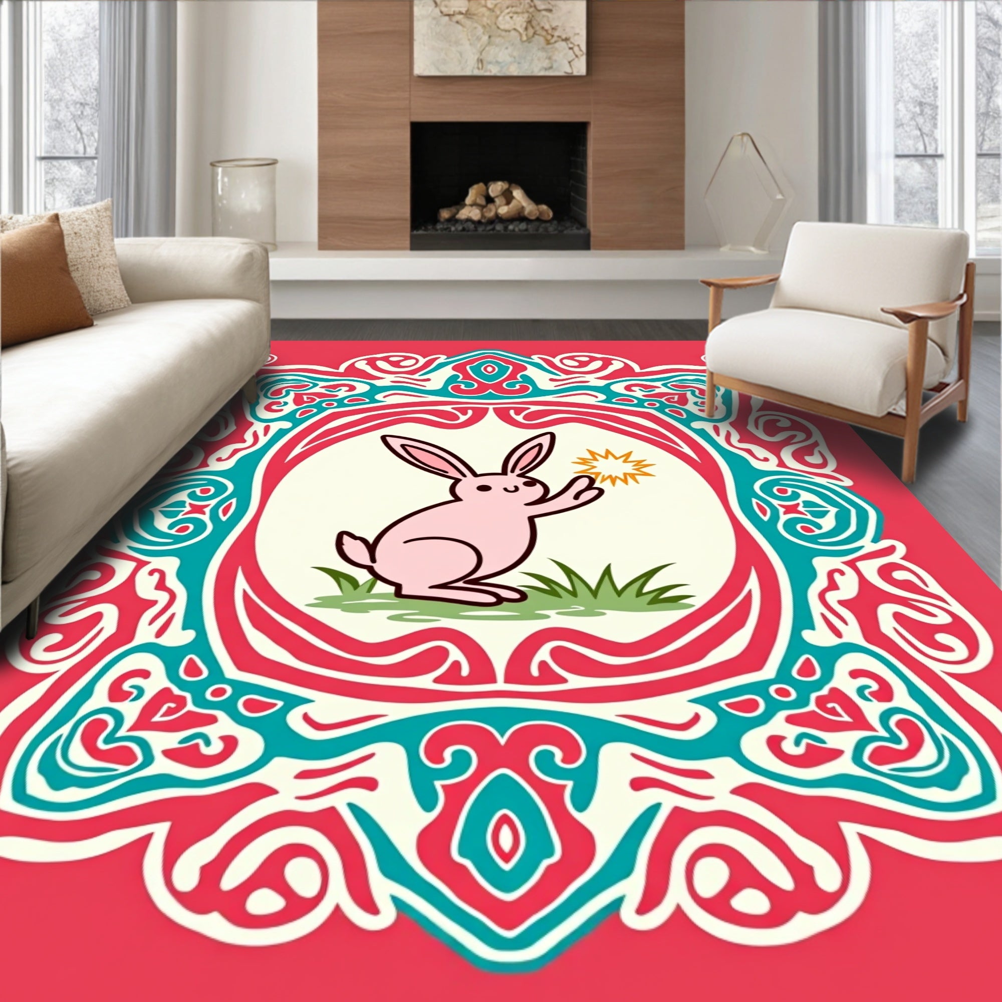 Pink Rabbit Whimsical Ornamental Frame Rug