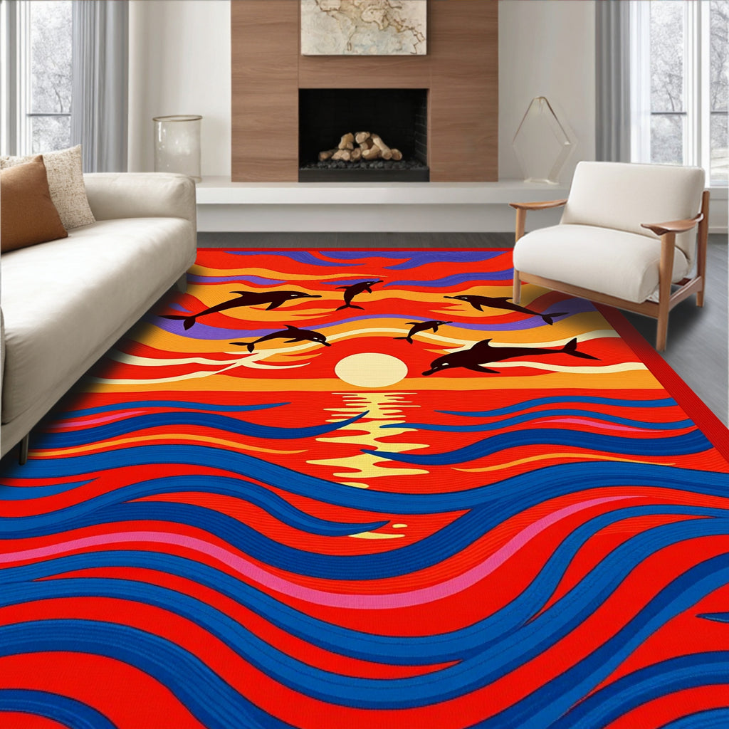 Vibrant Sunset Dolphin Wave Scene Rug