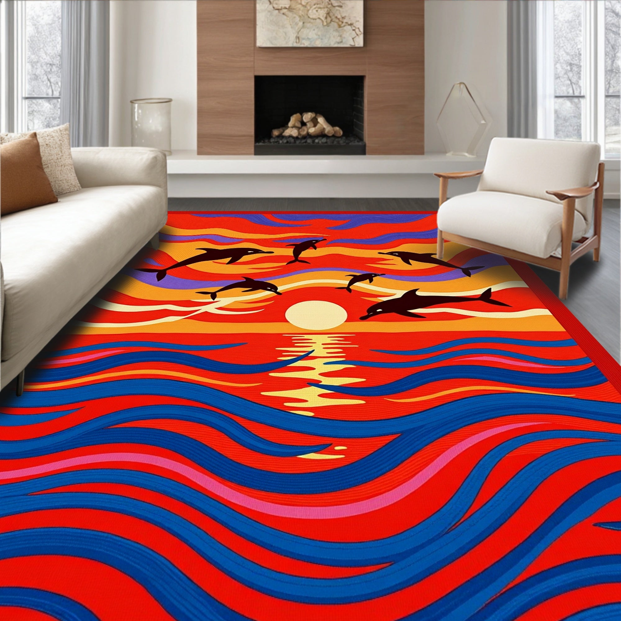 Vibrant Sunset Dolphin Wave Scene Rug