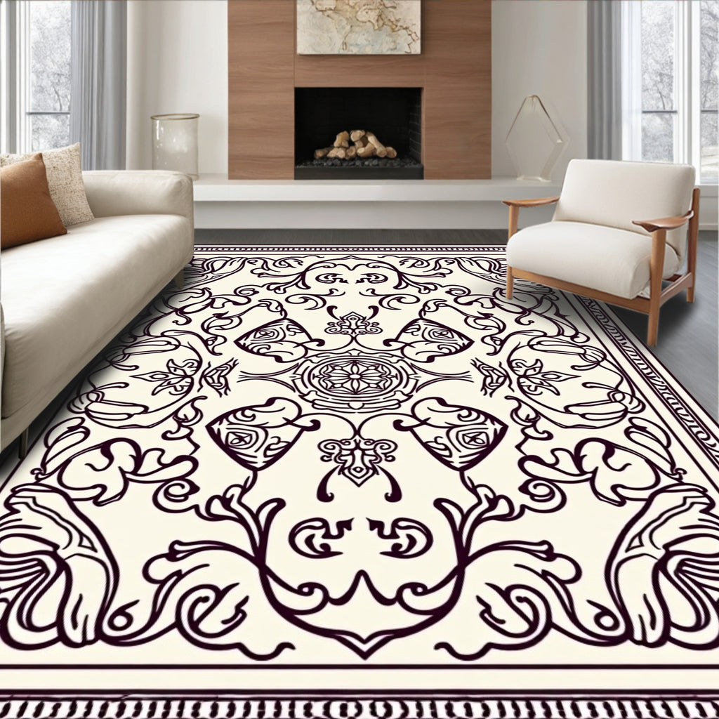 Ornate Cream and Plum Floral Scroll Rug