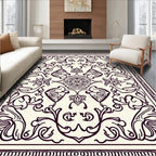 Ornate Cream and Plum Floral Scroll Rug