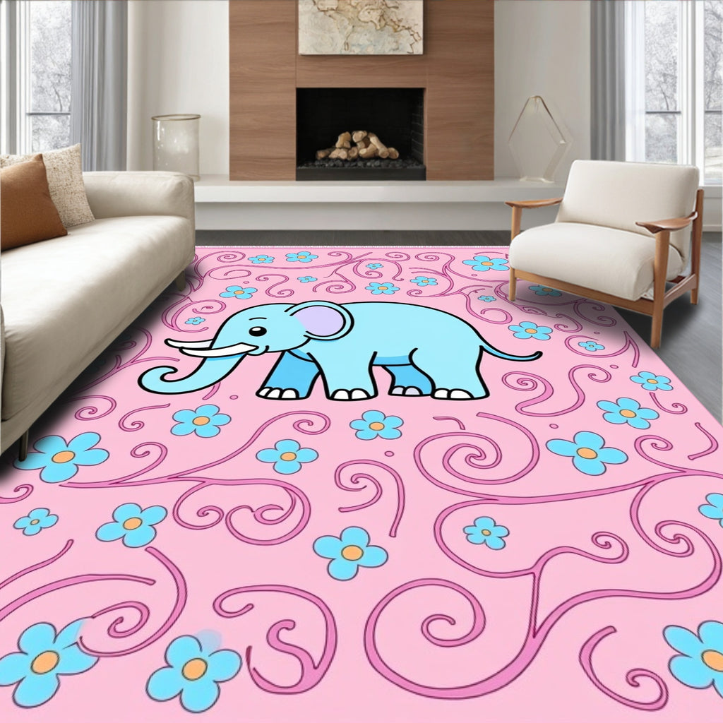 Cute Blue Elephant Pink Floral Swirl Rug
