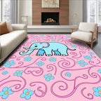 Cute Blue Elephant Pink Floral Swirl Rug
