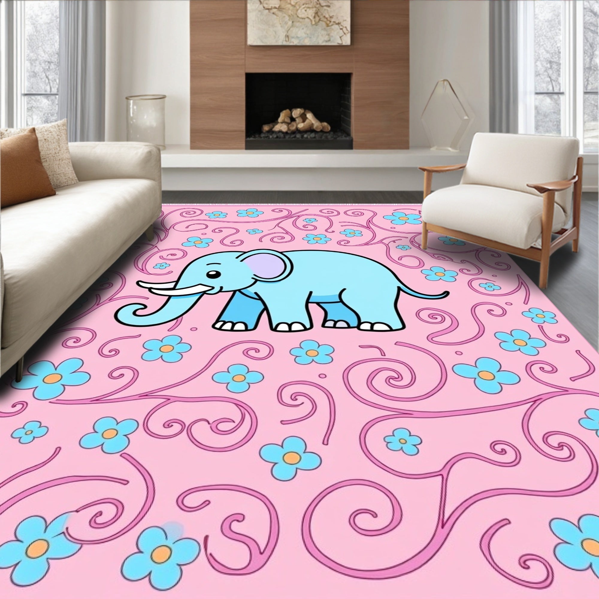 Cute Blue Elephant Pink Floral Swirl Rug