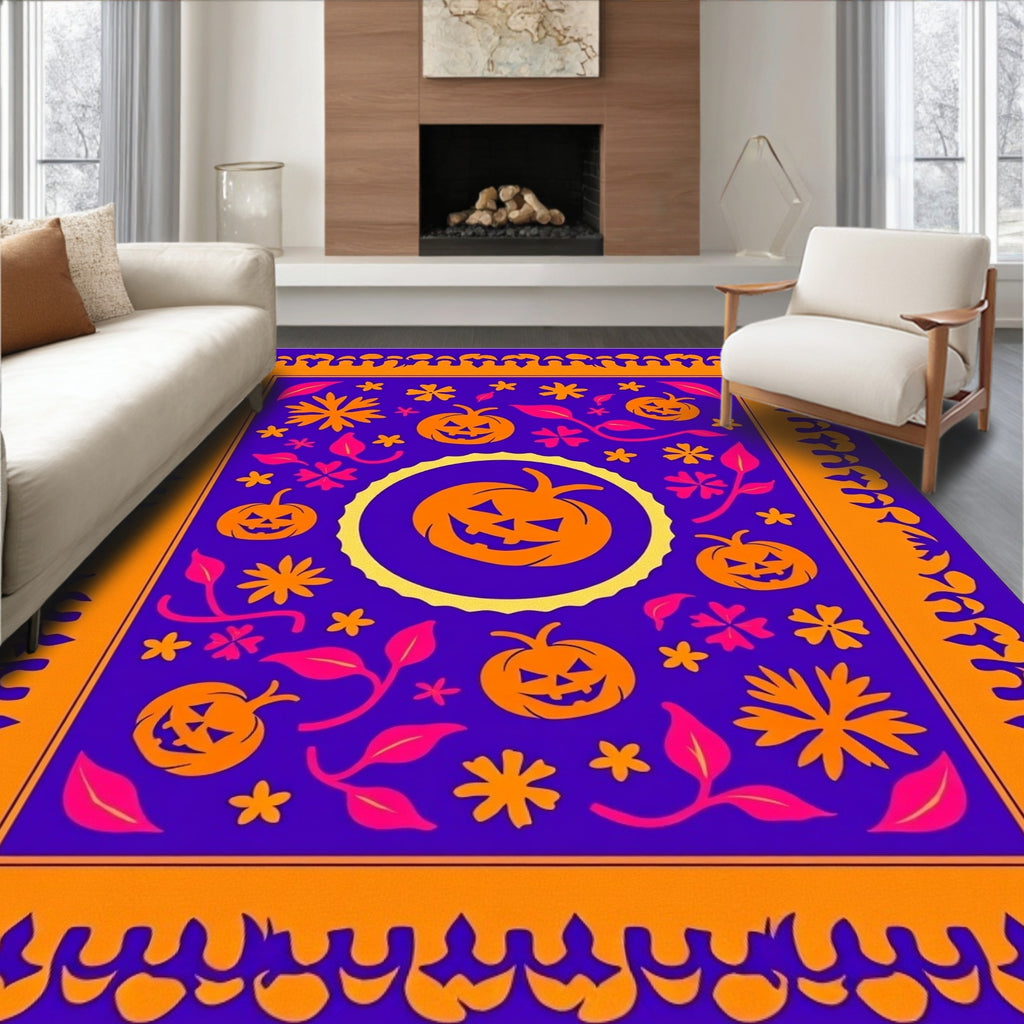 Whimsical Orange Pumpkin Floral Border Rug