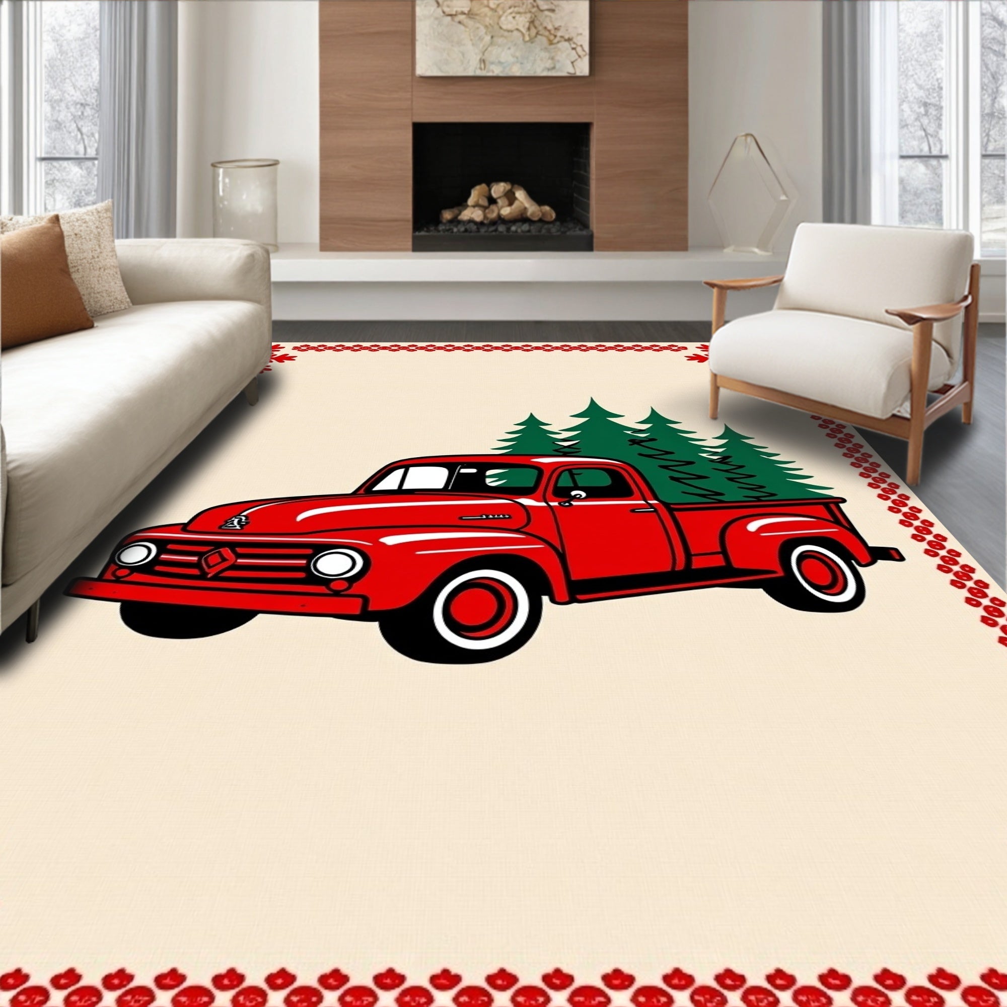 Vintage Red Truck Christmas Trees Border Rug