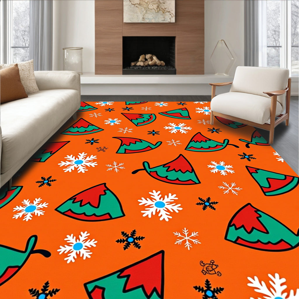 Christmas Red Green Elf Hats Snowflakes Rug
