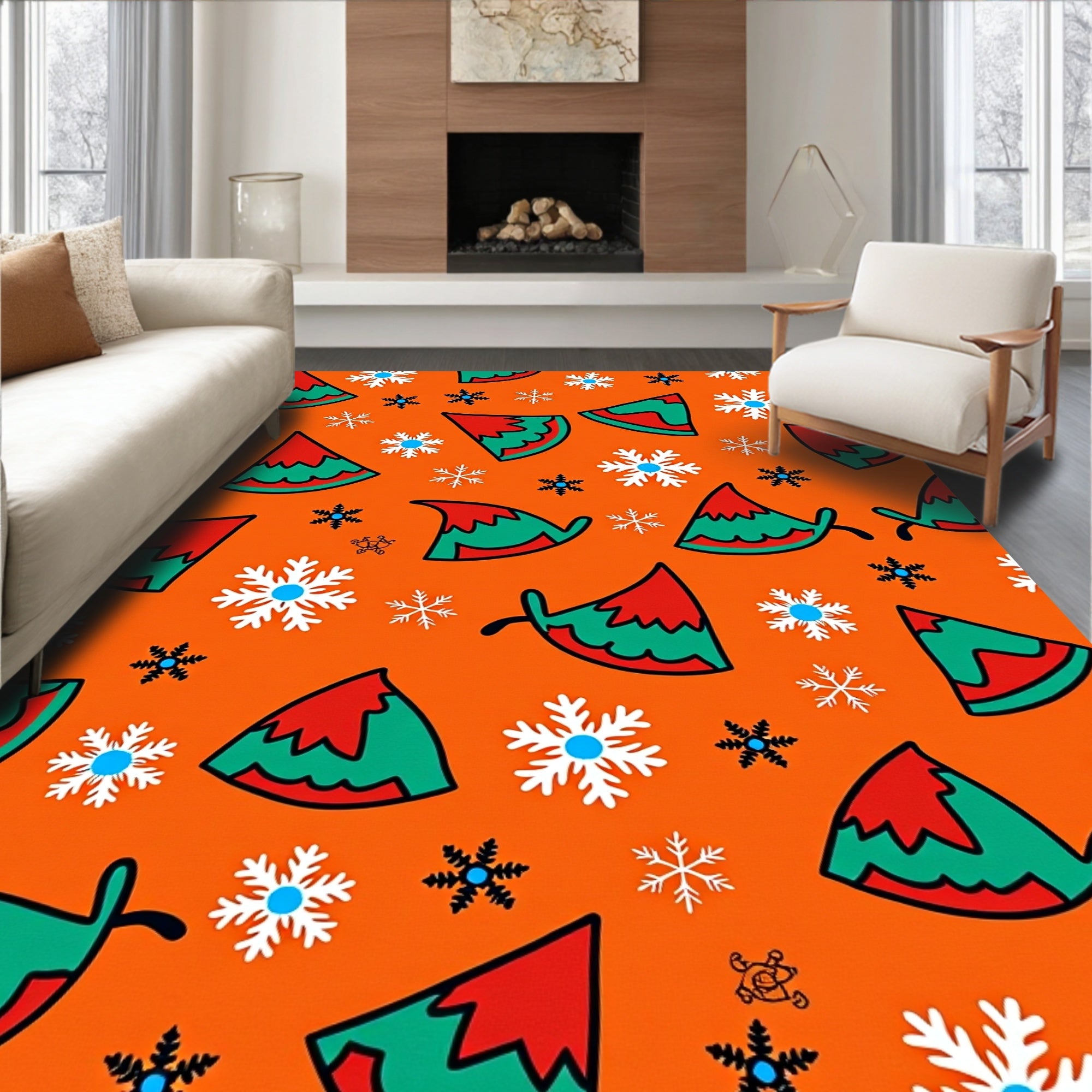 Christmas Red Green Elf Hats Snowflakes Rug