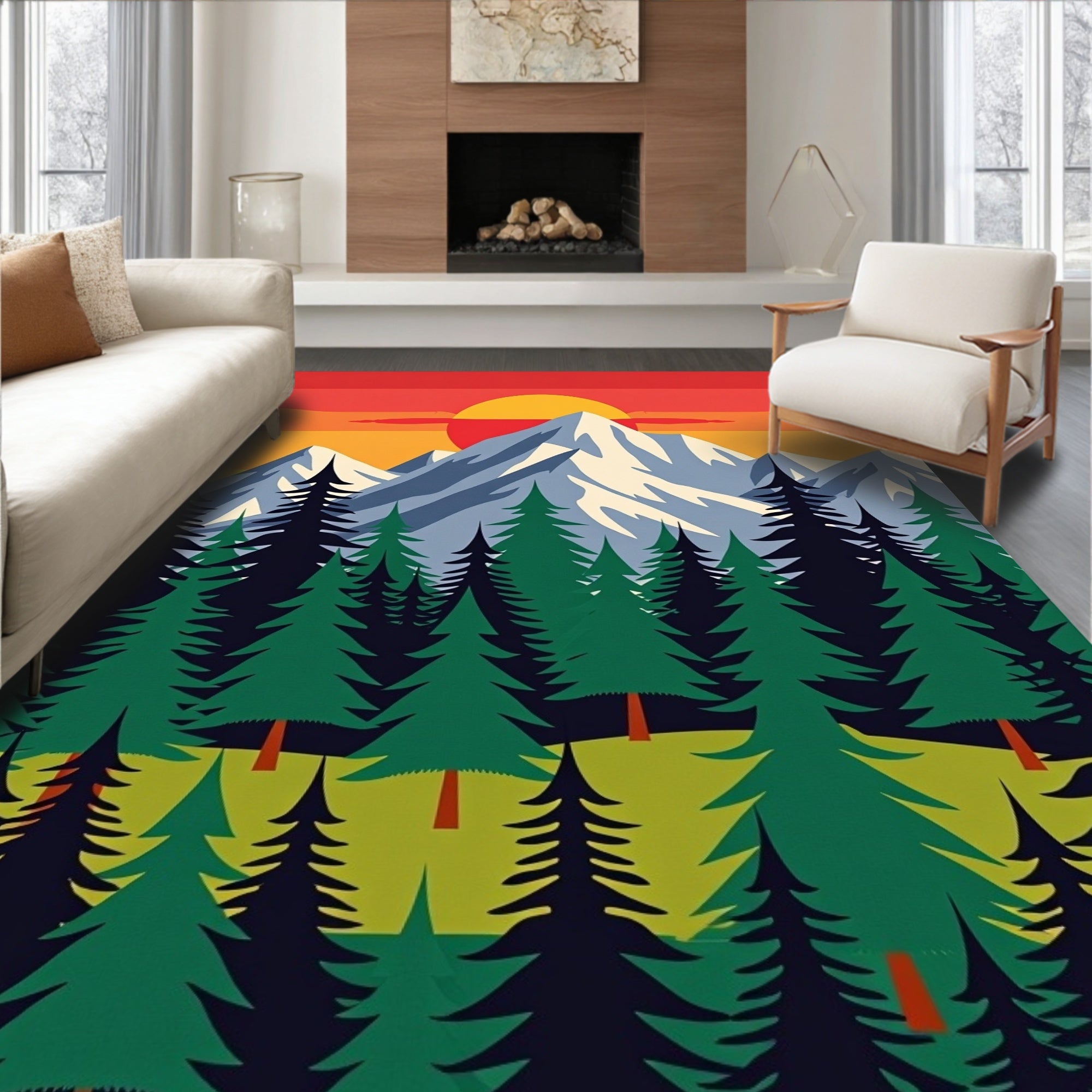 Vibrant Evergreen Mountain Sunset Rug