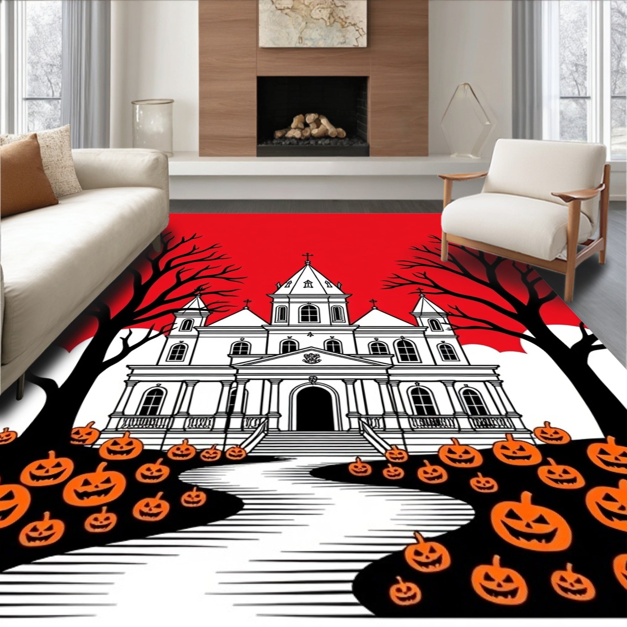 Spooky Haunted Mansion Pumpkin Scene Rug